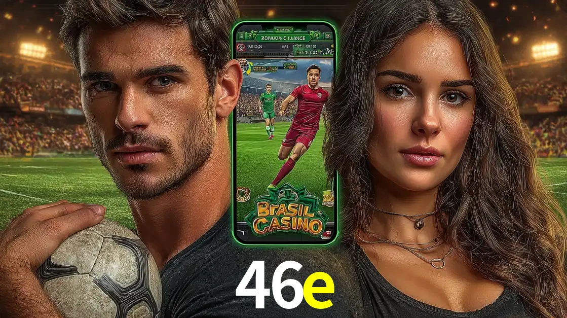 Homem segurando uma bola de futebol e uma mulher ao lado de um smartphone exibindo o jogo de apostas esportivas da 46e. Faça seu palpite no cassino online.